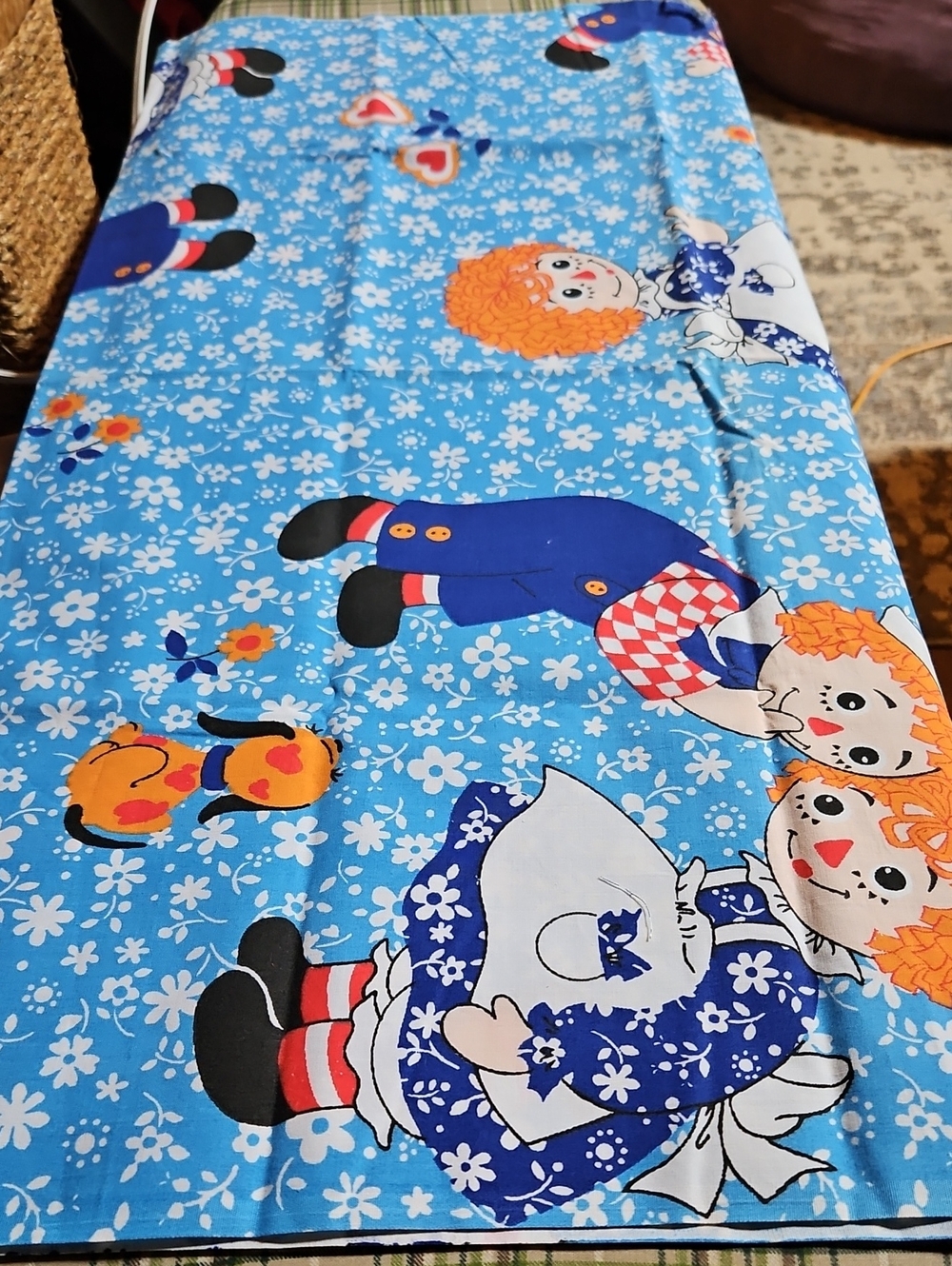 Vintage Raggedy Ann And Andy Blue Floral Print Fabric